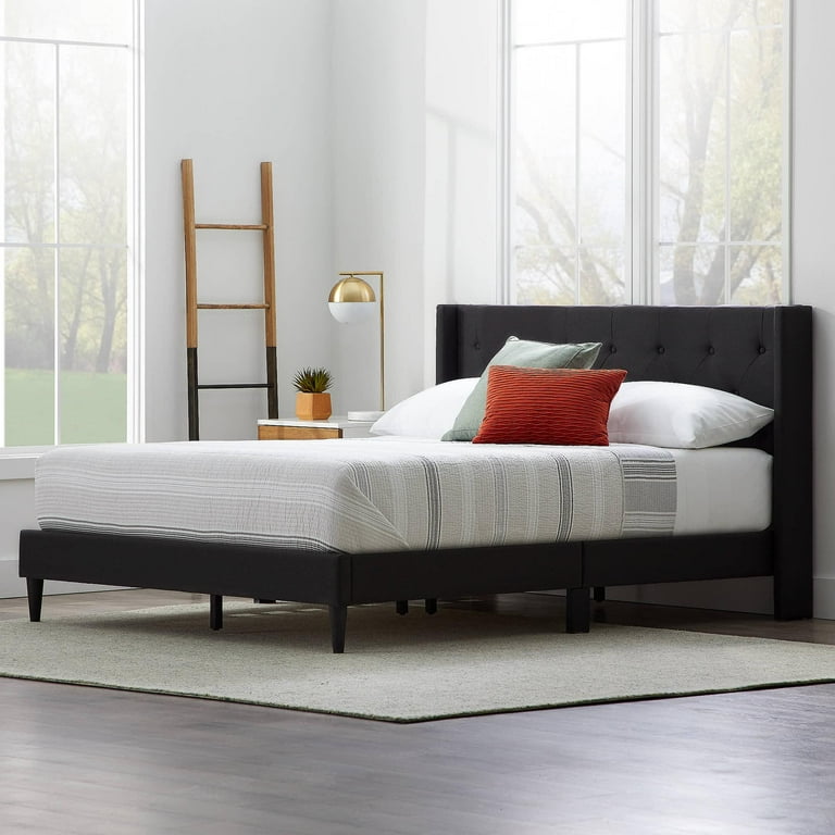 Rest Haven Linen Inspired Diamond Tufted Wingback Upholstered Bed Queen Black
