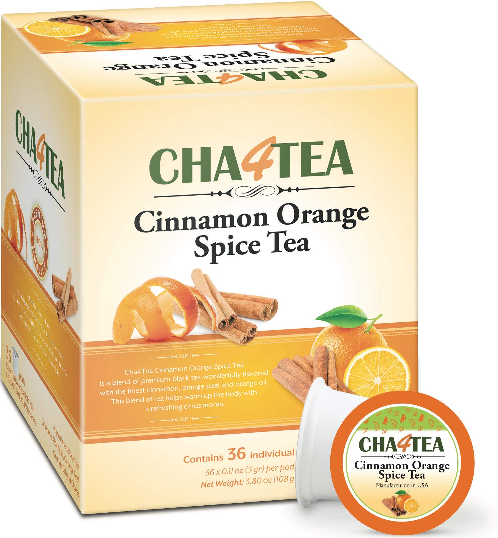 Cha4TEA Cinnamon Orange Spice Herbal Black Tea Pods for Keurig KCup