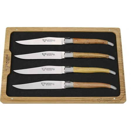 Laguiole en Aubrac Luxury Fully Forged Full Tang Stainless Steel Steak Knives 4-Piece Set with Mixed French Wood Handle, Stainless Steel Brushed Bolsters