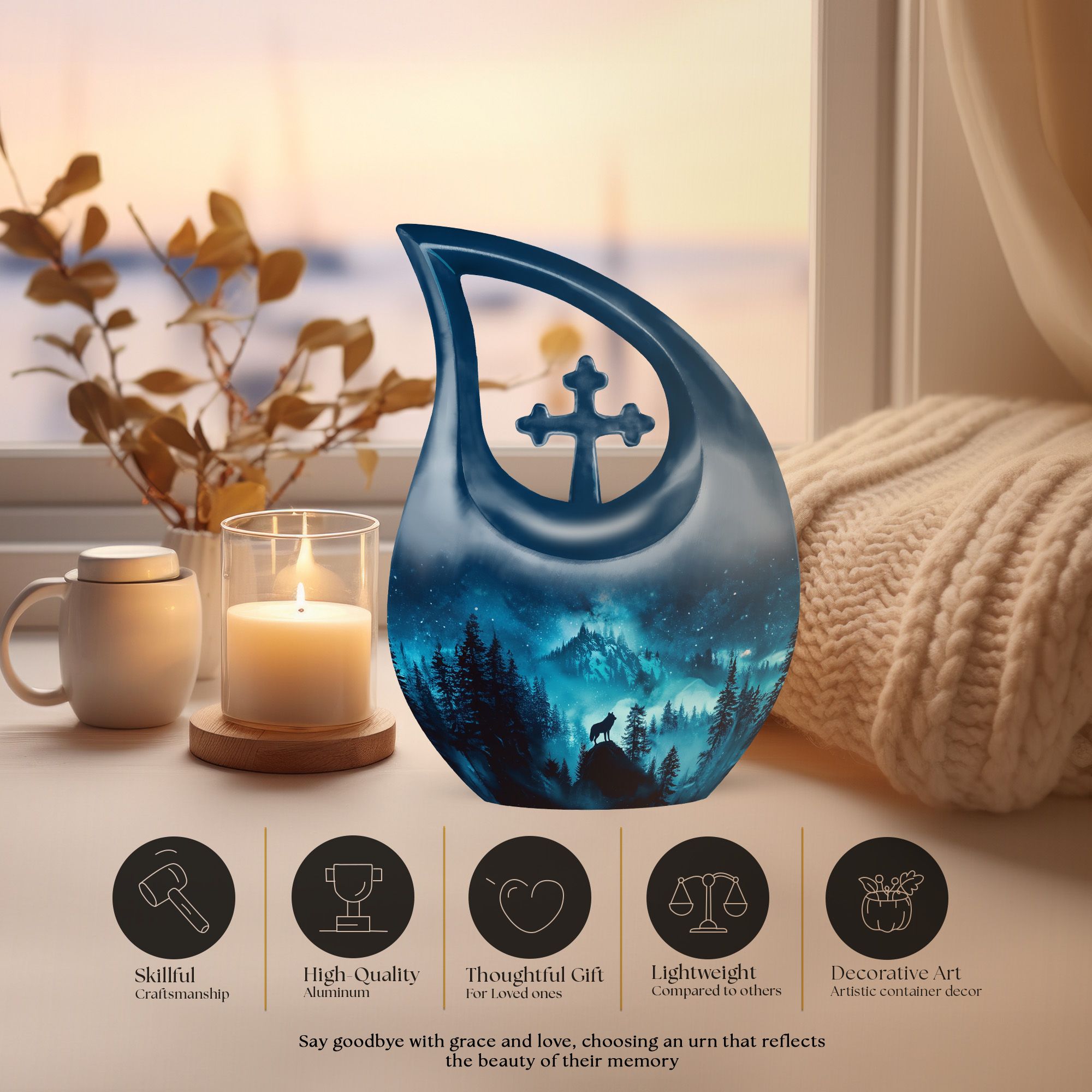 MUKTIVE Urns for Human Ashes Adult Wolf - 10 Cremation Urns for Human Ashes - Large Decorative Urn - Blue Urn for Mom and Dad