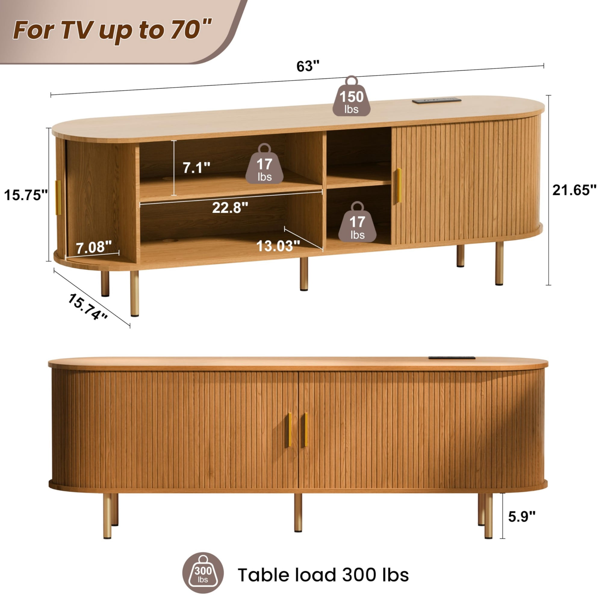 63 Inch Mid Century Modern TV Stand with Power Outlet, Fluted Media Console with Sliding Doors for TVs up to 70 Inch, Yellow