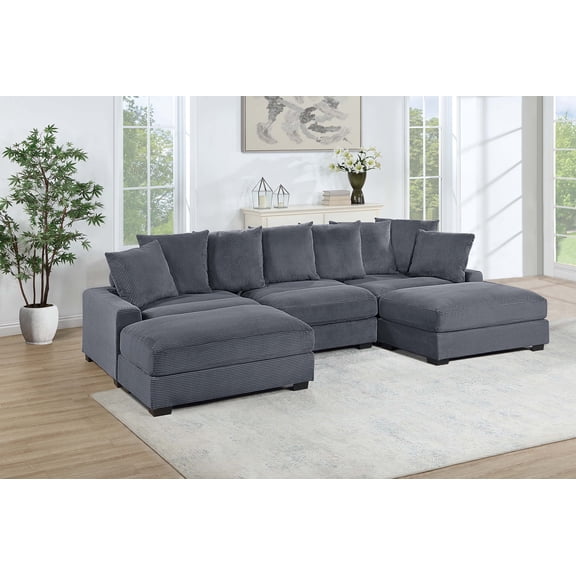 Contemporary Modular Sectional Sofa Dark Gray Corduroy Upholstered 5pc Living Room Set LAF / RAF Chairs Armless Chair 2x Ottomans