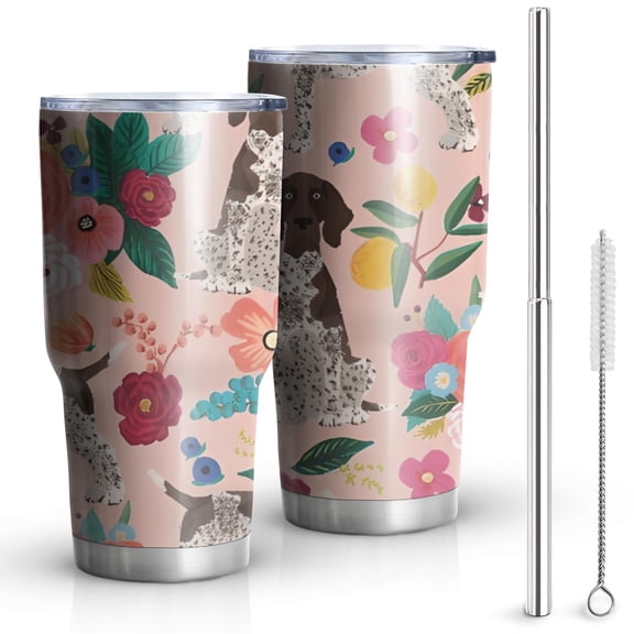 30oz Dogs with Pioneer Flower Tumblers Stainless Steel Tumbler with Lid and Straw,Vacuum Insulated Double Wall Travel Tumbler Cups Mug with Cleaning Brush for Coffee,Tea