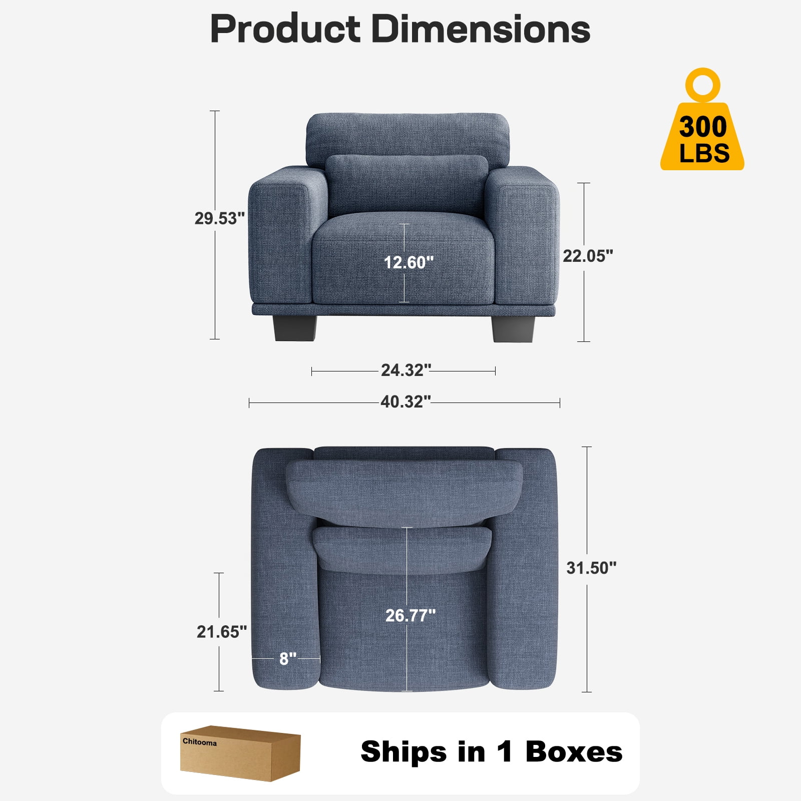 CHITOOMA 40" Oversized Accent Chair, Upholstered Armchair with Pillow and Removable Linen Cover, Deep Seat Sofa Chair with Wide Armrests for Living Room, Bedroom, or Office, Blue