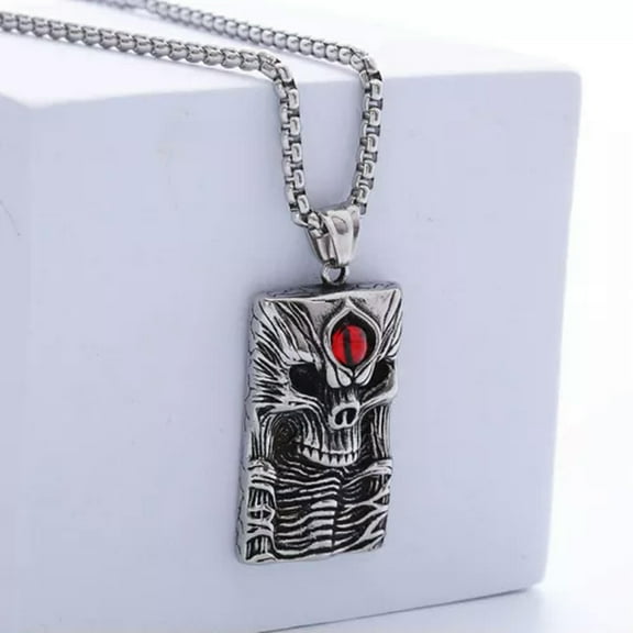 K-KED Gothic Mens Biker Skull Pendant Necklace Men Stainless Steel Chain Silver-Red