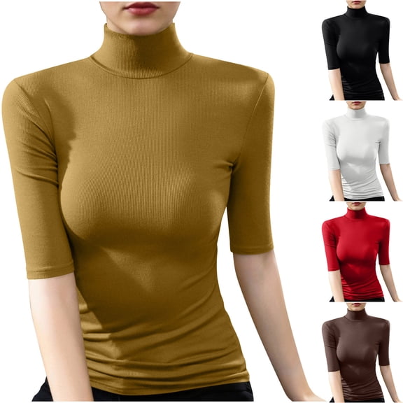 QIUOMBBP Women's Mock Neck Half Sleeve Shirts Ribbed Knit Slim Fit Basic Tee Casual Comfy Simple Tops White L
