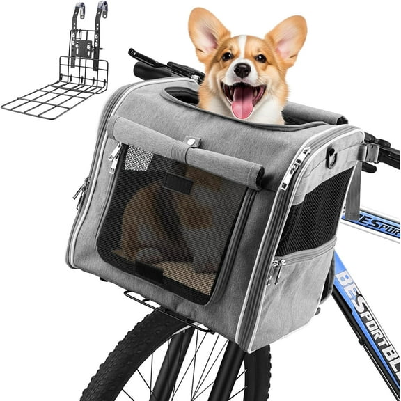 Dog Basket for Bike, Suitable for Small & Medium Pet Up to 7 kg, Foldable 4-in-1 Pet Bike Basket, Crossbody, Shoulder and Car Seat, with Sturdy Bracket and 4 Mesh Windows, Gray