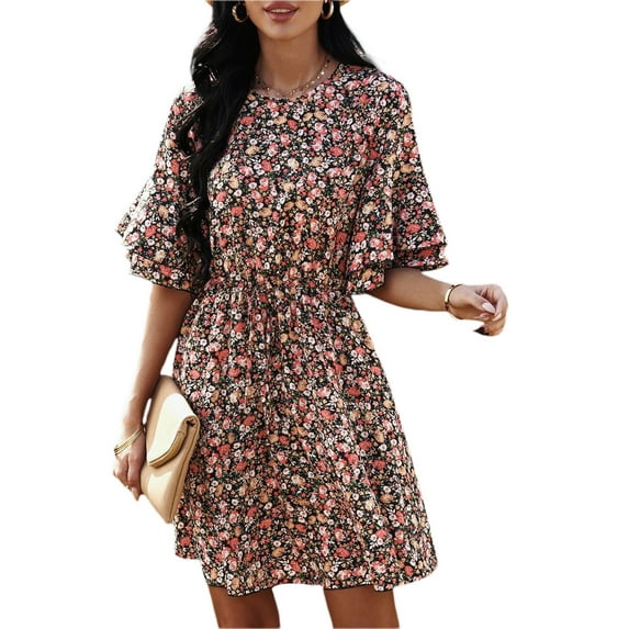 SAYOO Women Summer Flower Print Dress, Flare Half Sleeve Round Neck Tunic Mini A-line Dress for Beach, Date
