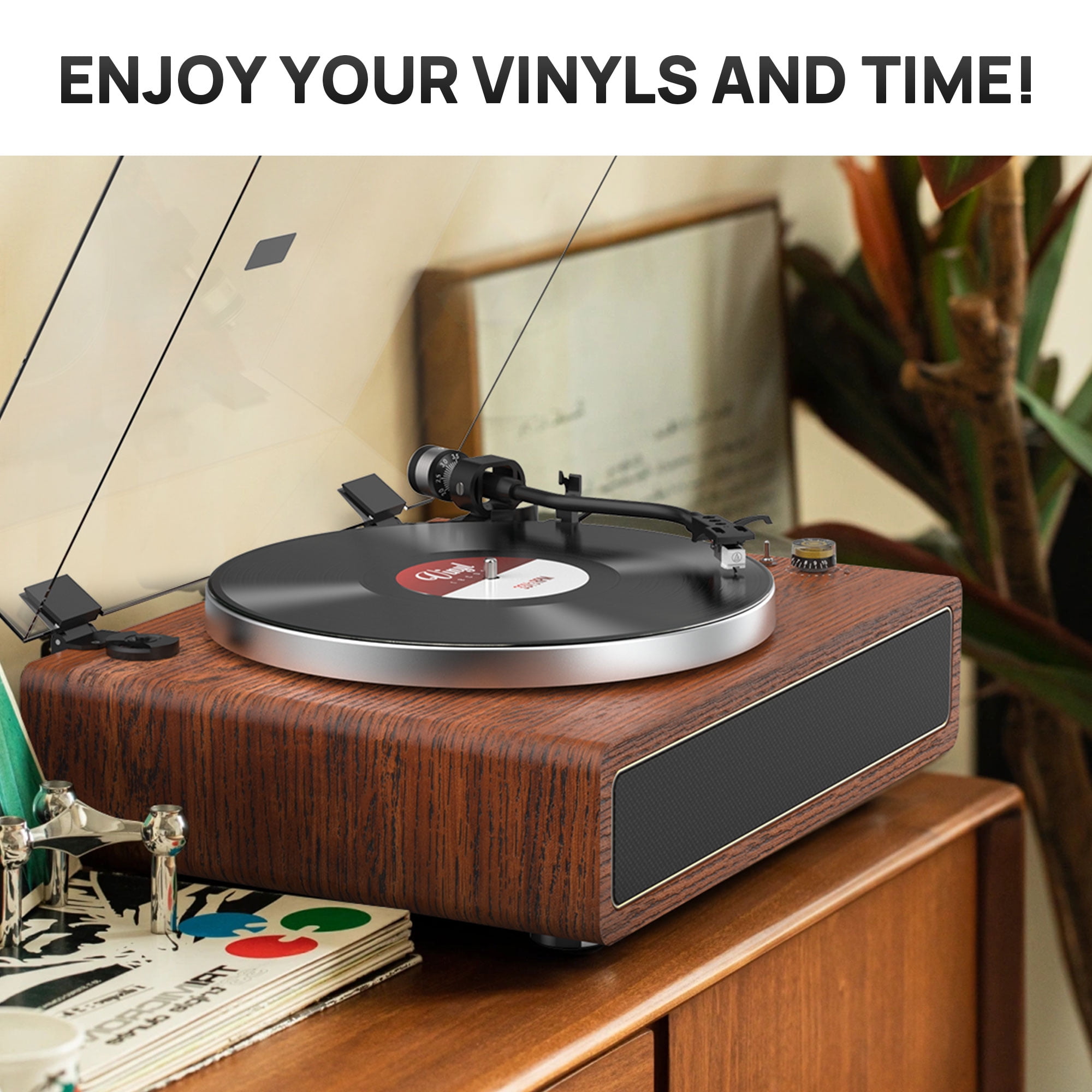 Udreamer Vinyl Record Player with Bluetooth, All In One 3-Speed Vintage  Audio Turntables,Yellow 