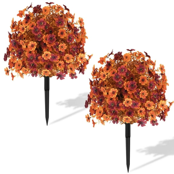 12"x16" - 2 Pack Artificial Flowers with Ground Spikes for Outdoor Indoor Garden Porch Plant Decor - Yellow Morning Glory/Burgundy Violet