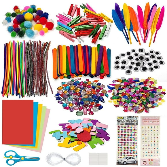 Kit de manualidades con limpiapipas (más de 1200 piezas) para niños, material educativo, pasatiempos creativos, con pompones, ojos saltones y plumas.