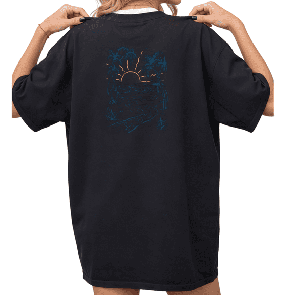Giffimy Women's Sunset Palm Tree Beach Graphic Short Sleeve T-Shirt Casual Cotton Crewneck Top