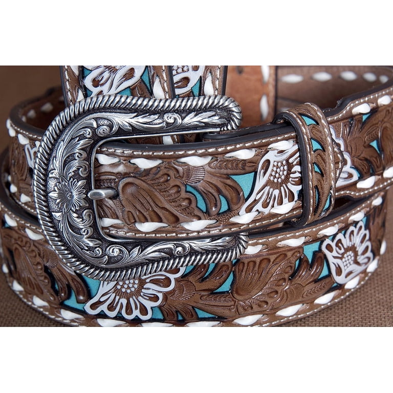 Nocona Western Leather Belt Size 28 Brown Turquoise Tooled Floral Buckle Nocona Men main image 2