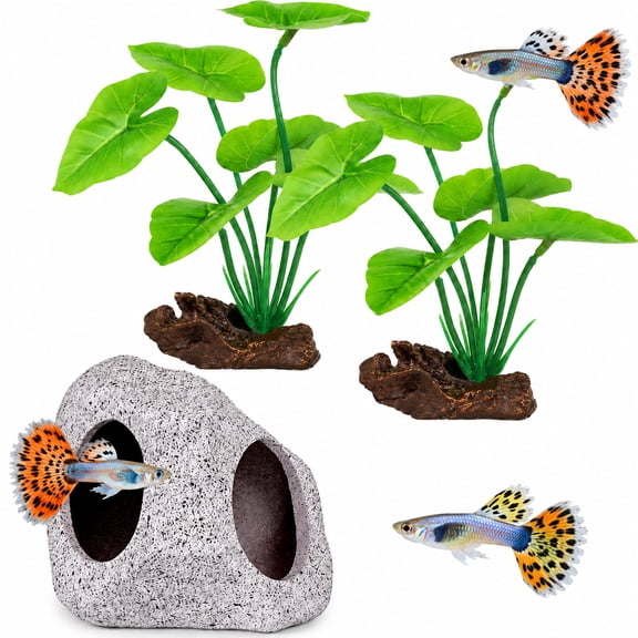 3 Pack Aquarium Decor Set with Smooth Ceramic Hiding Cave & Weighted Soft Silk Water Plants, Non-Toxic Ornaments for Fresh Salt Water Fish Tanks