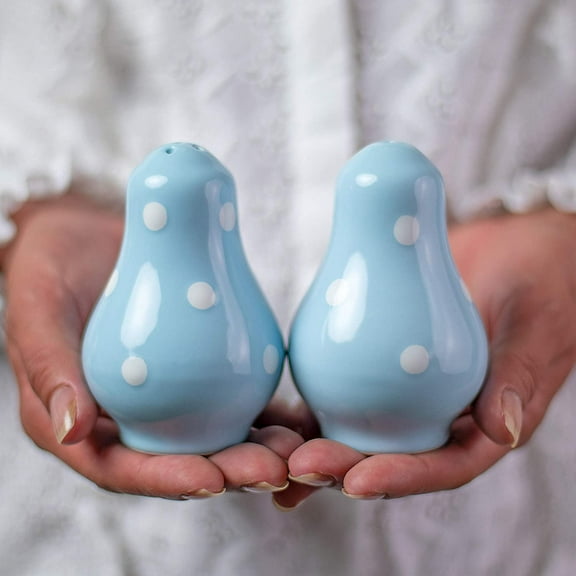Ceramic Salt and Pepper Shakers Set, Salt Shaker, Salt and Pepper Set, Farmhouse Kitchen Counter Decor for Home Restaurants Wedding, Handcrafted Sky, Baby Blue Polka Dot Spice Shakers