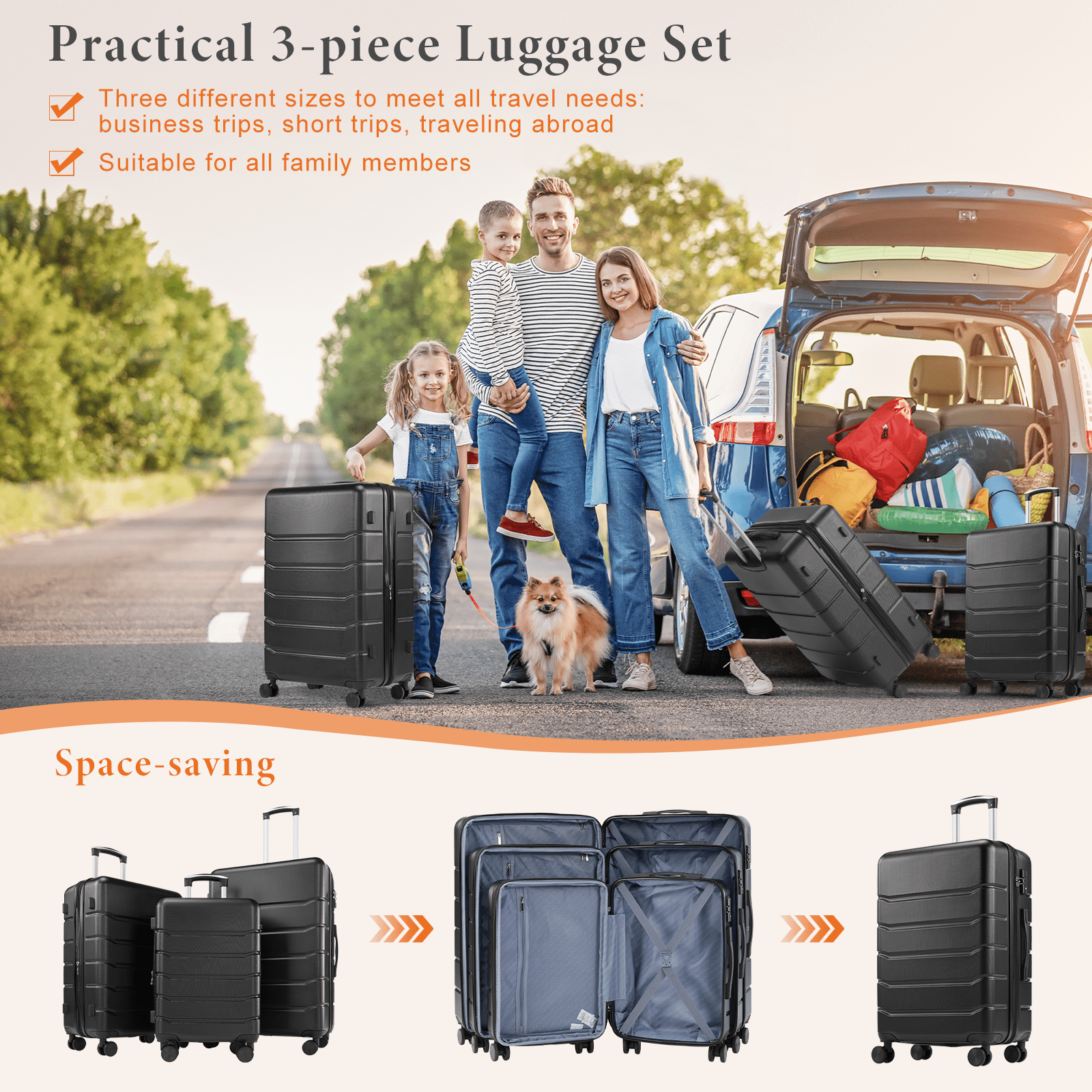 MAYEERTY 20/24/28" 3-Piece Hardside Luggage Spinner Wheels Expandable TSA Lock Lightweight Roller Suitcase Black