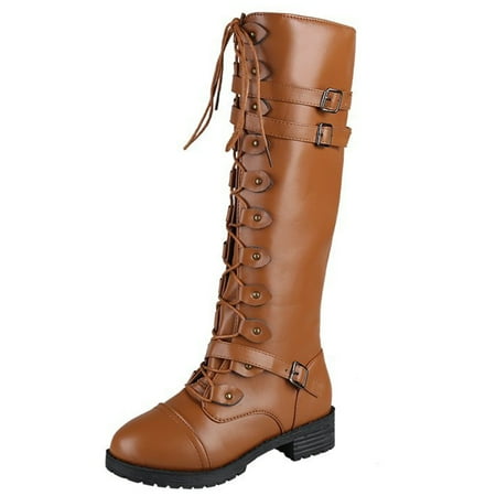 

Fsqjgq Over Knee High Boots for Women Buckle Thigh Boots Squared Decor Shoes Lace Ladies Up Zipper Toe Women s Women s Boots Quality By Us Brown 38