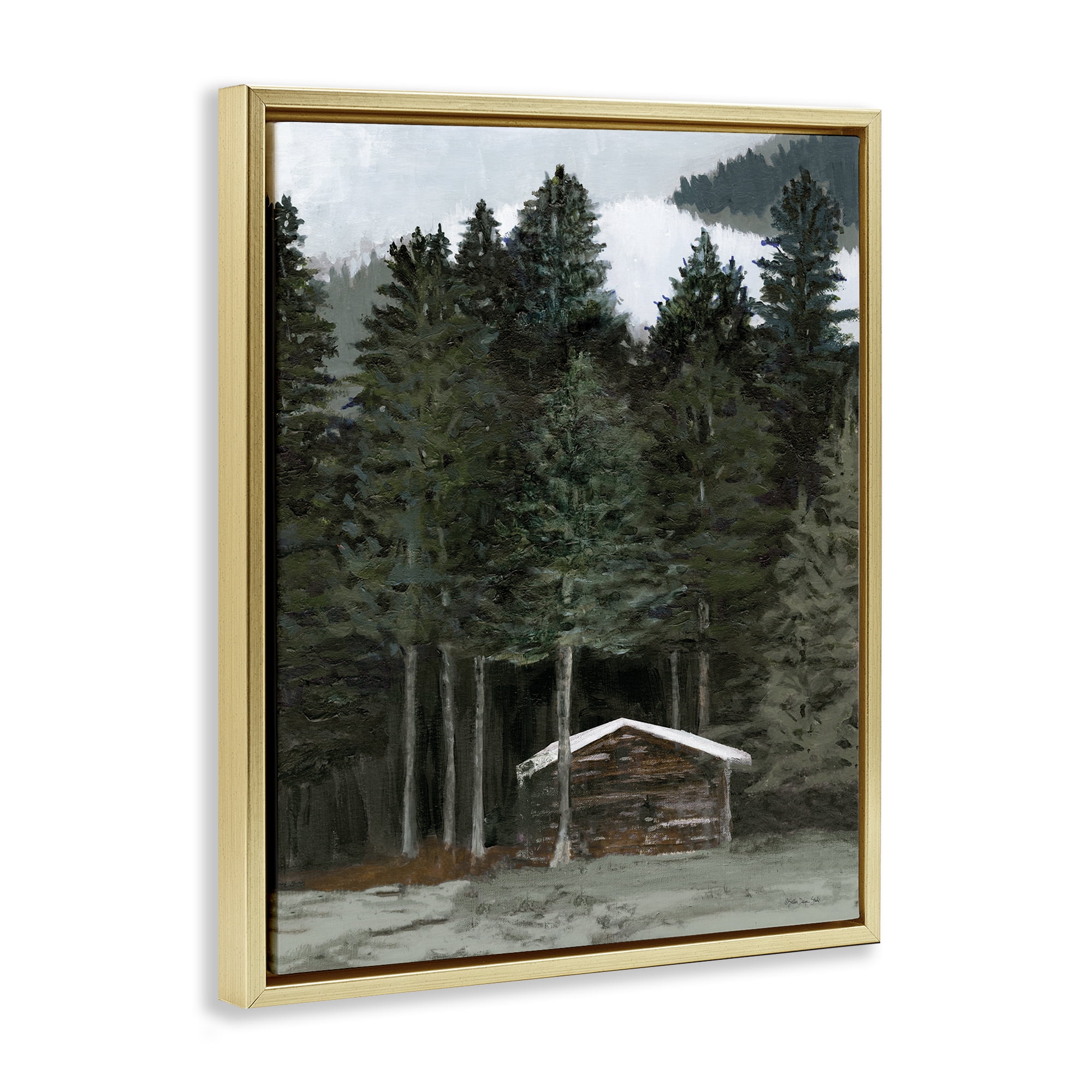 Stupell Industries Log Cabin Forest Thicket Landscape & Nature Painting Gold Floater Framed Canvas Art Print Wall Art, 25 x 31