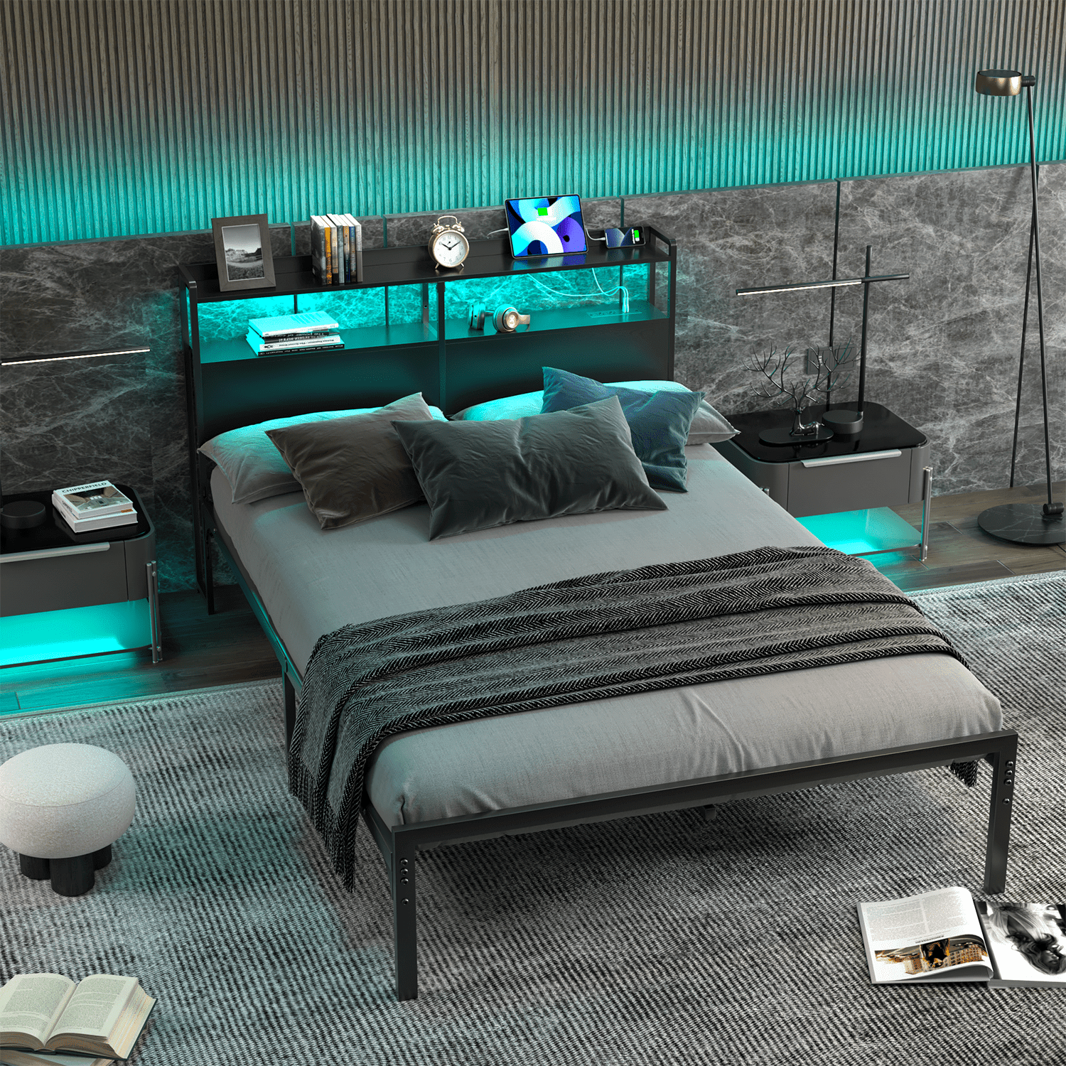Behost Queen Size Panel Headboard with Outlet and LED Light, Queen Headboard with Two Tiers of Storage, Black