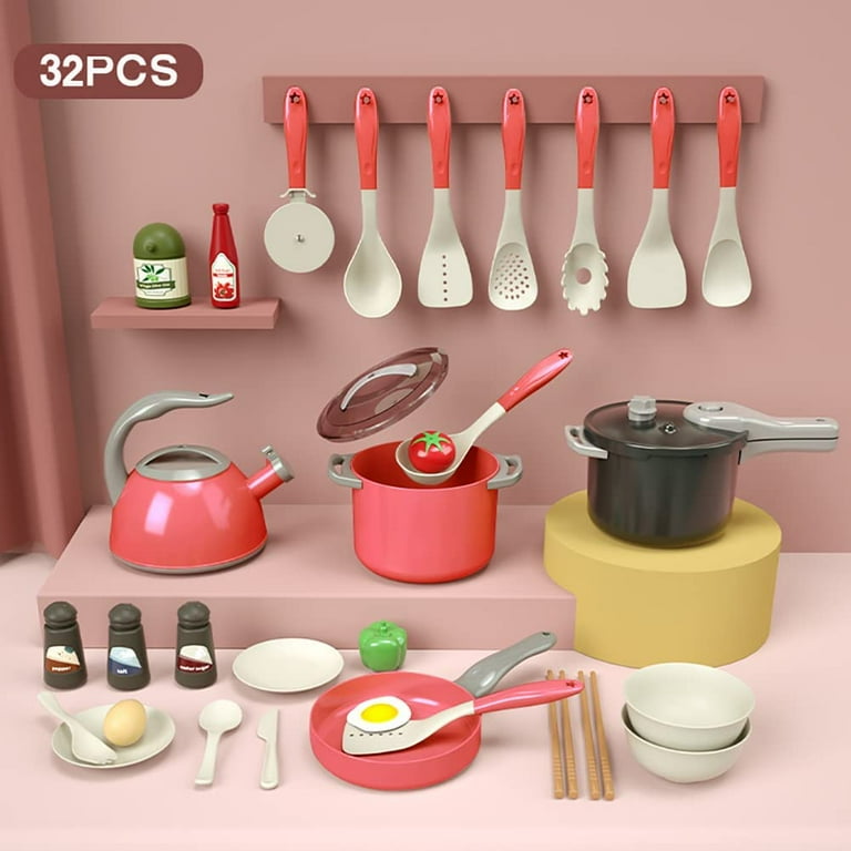 Pink Play Kitchen Cookware Toys Pots and Pans Cooking Utensils Accessories  Pretend Playset for Toddlers, Kids, Girls (13 Pcs)