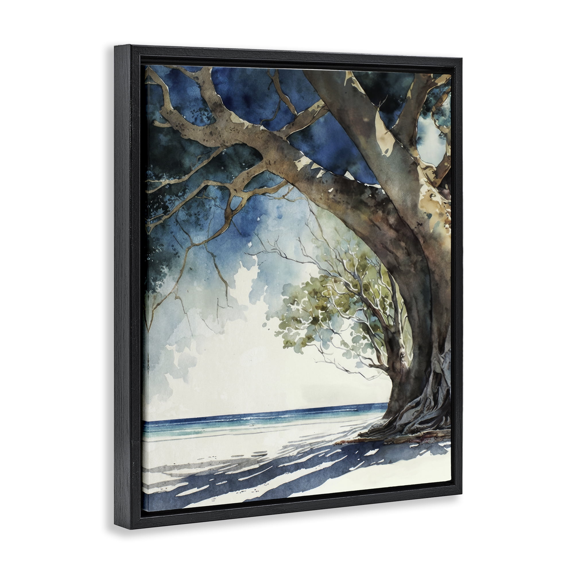 Stupell Industries Looming Tree on Coast Landscape & Nature Painting Black Floater Framed Canvas Art Print Wall Art, 25 x 31