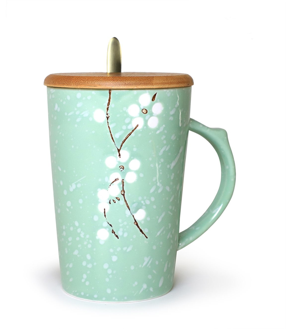 Ceramic Mug Sakura Floral Design with Spoon and Wood Lid