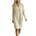 thumbnail image 3 of Vetsdori Women's Solid Color V-Neck Lace 3/4 Sleeve Linen Shift Dress Casual Flowy Summer Casual, 3 of 9