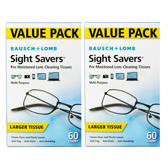Bausch & Lomb Sight Savers Pre-Moistened Lens Cleaning Tissues, Anti-Fog, Anti-Static, Anti-Streaking, Cleans Glass and Plastic, 60 ct - 2 Pack