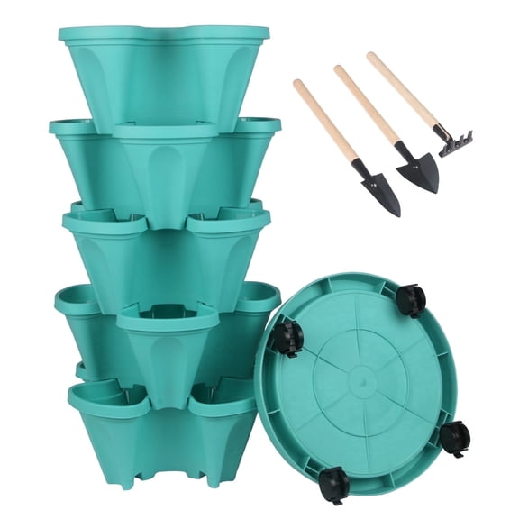 Stackable Planters 5 Tier Vertical Garden Planters Strawberry, Herb, Flower, Vegetable Indoor Outdoor Pots with Wheels,Teal