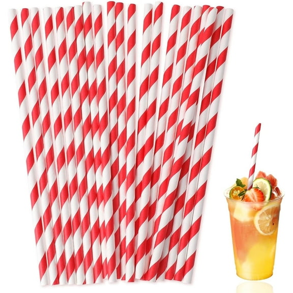 GIXUSIL 100 Pieces Disposable Paper Straws Red Striped Paper Straws Bulk for Drinking Crafts Birthday Wedding Party Decorations Supplies Cocktail Coffee Drinking Water Straws (Red)