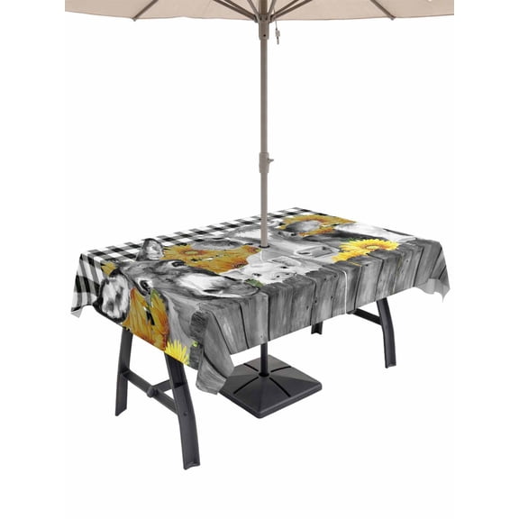 Outdoor Tablecloth with Umbrella Hole for Patio/Picnic/Party/Camping, Farm Animals Sunflowers Waterproof Table Cloth Rectangle Table Cover Washable, Black White Checkered Plaid (60"x 102")