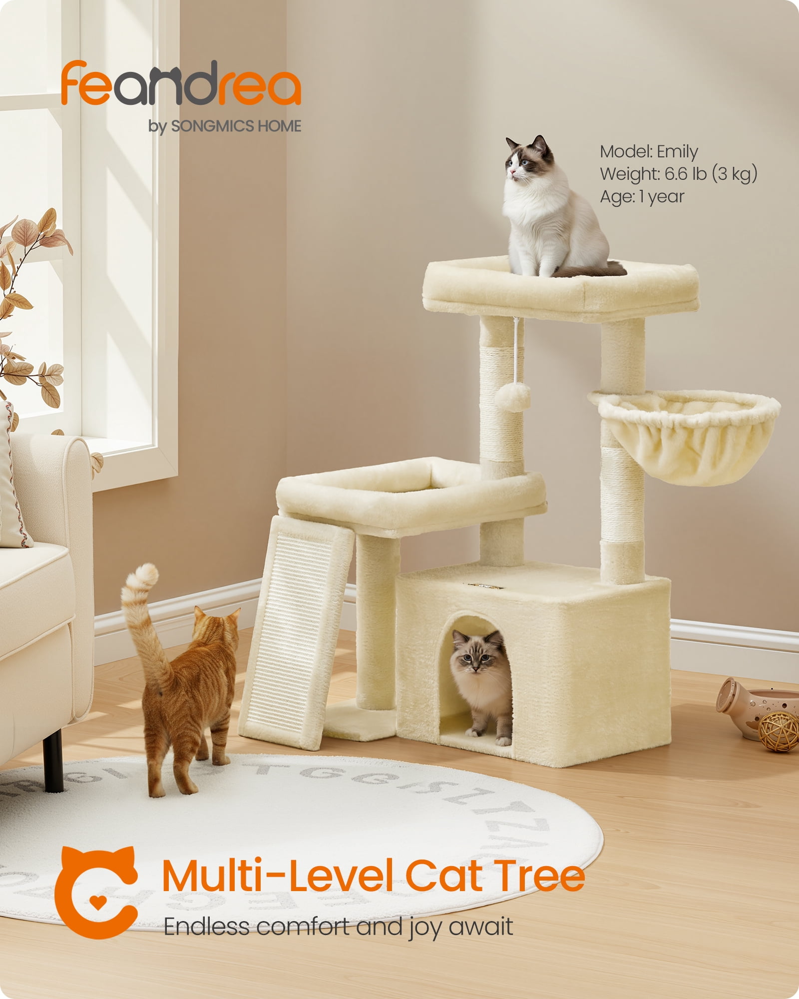 Feandrea Cat Tree, Cat Tower Condo with Scratching Posts and Ramp, 2 Large Perches, Cave, Basket, 33.8 Inches Tall, Summer Sand