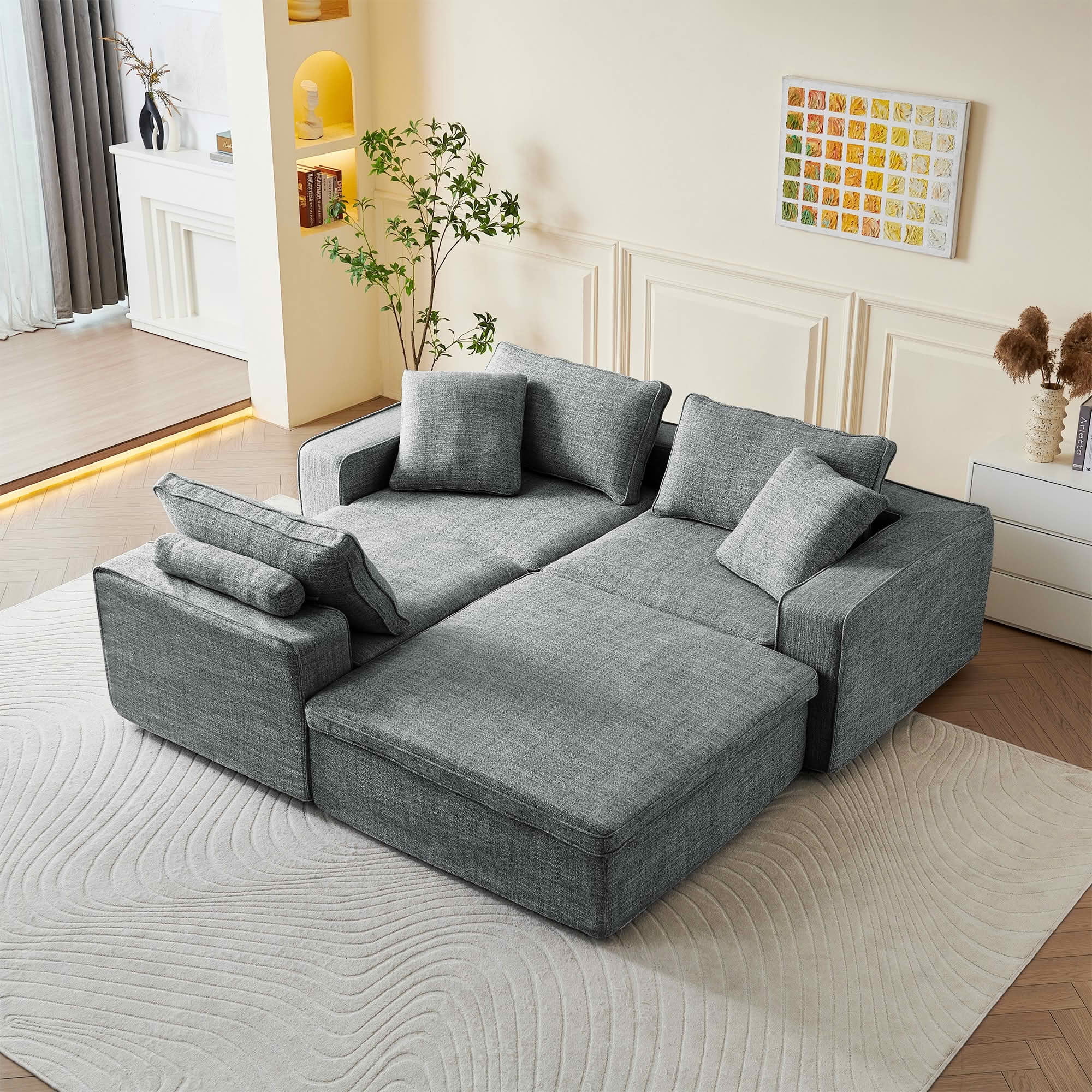 MAYEERTY 131in 4-Seater Cloud Couch with Ottoman, Washable Linen Cover, Pocket Springs & Compressed Delivery，Dark Gray