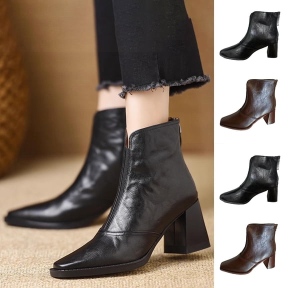 Miluxas High Heels Ankle Boots for Women Chunky Block Heel Back Zipper Pointd Toe Leather Fall Winter Bootie Shoes Brown 9(42)