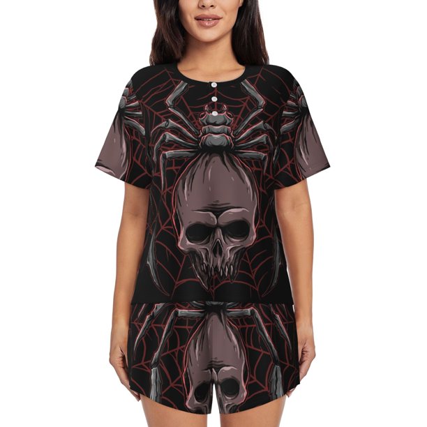 Balery Spider with Skull Conjunto de Pijama para Mujer con Estampado, Dos Piezas de Manga Corta y Shorts, Ropa de Dormir Suave con Cuello Redondo y Bolsillos-Large