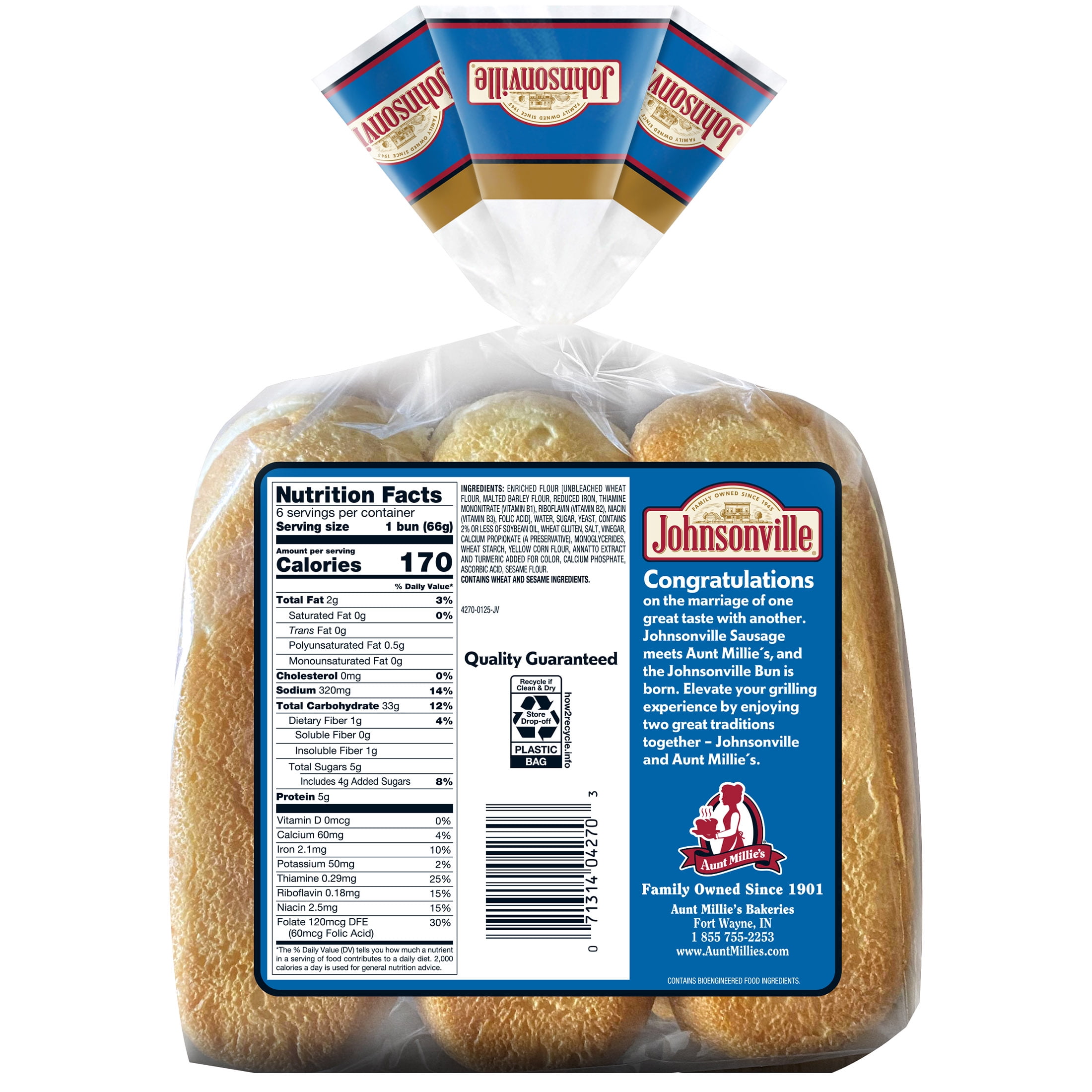 Johnsonville Brat & Sausage Buns, Baked by Aunt Millie's, 6 Count, 17 oz.