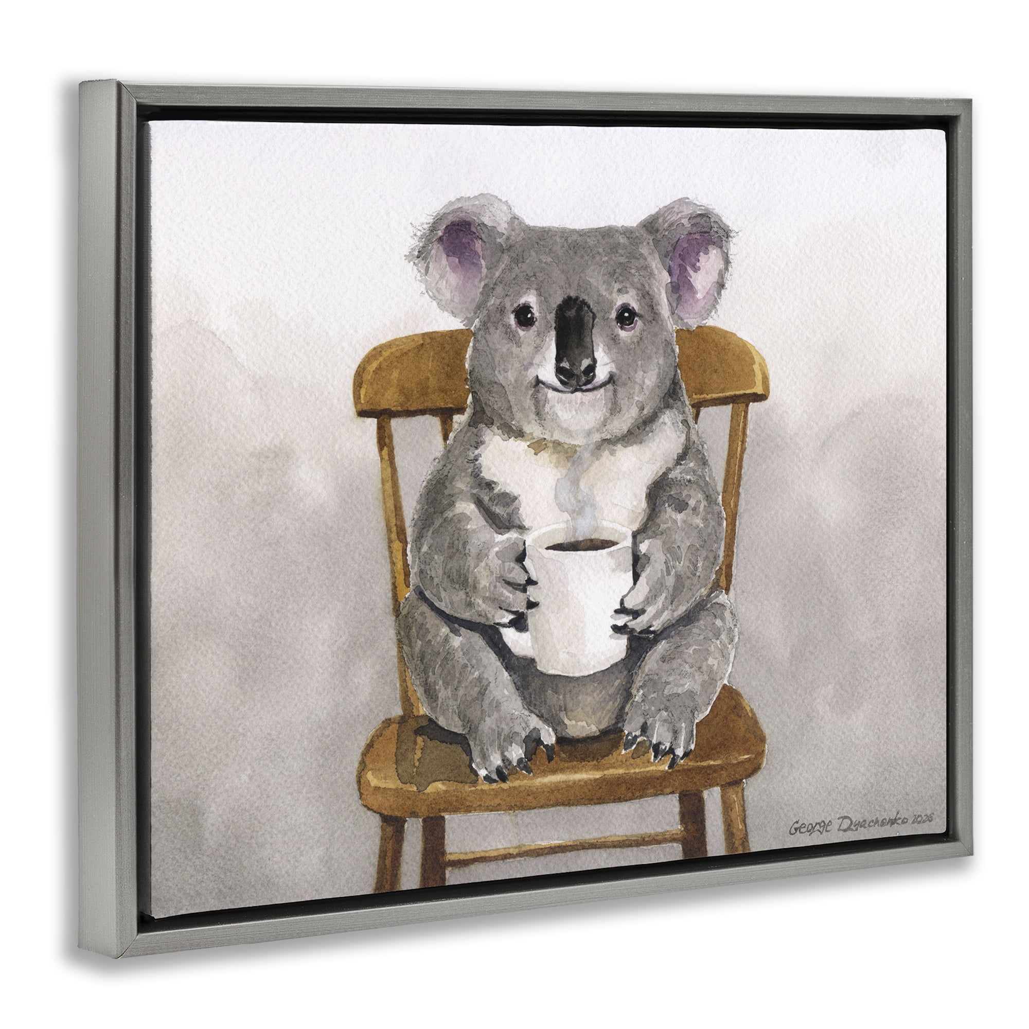 Stupell Industries Koala with Coffee Mug Gray Framed Floater Canvas Wall Art, design by George Dyachenko