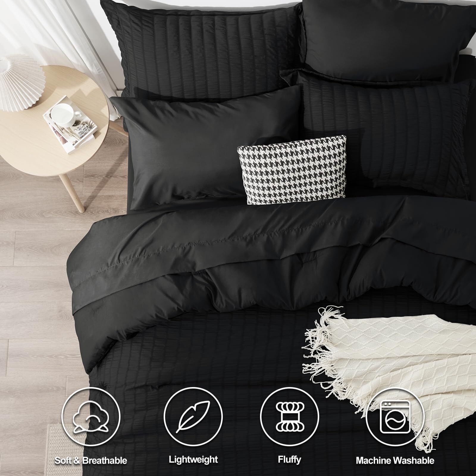 JUSTLET Queen Seersucker Comforter Set with Sheets Black Bed in a Bag 7-Pieces All Season Bedding Sets with Comforter, Pillow Sham, Flat Sheet, Fitted Sheet, Pillowcase