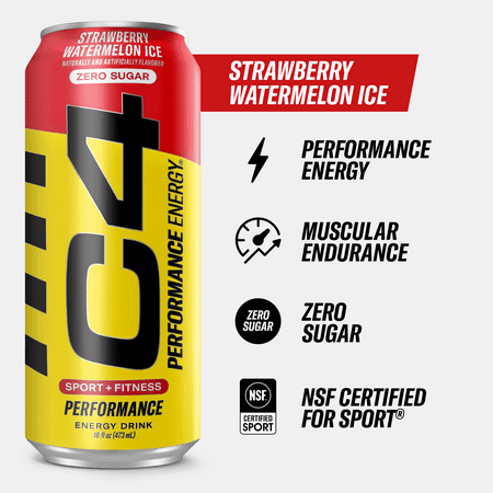 C4 Performance Energy Drink, Strawberry Watermelon Ice, Zero Sugar, Carbonated, 16oz can (12 Pack)