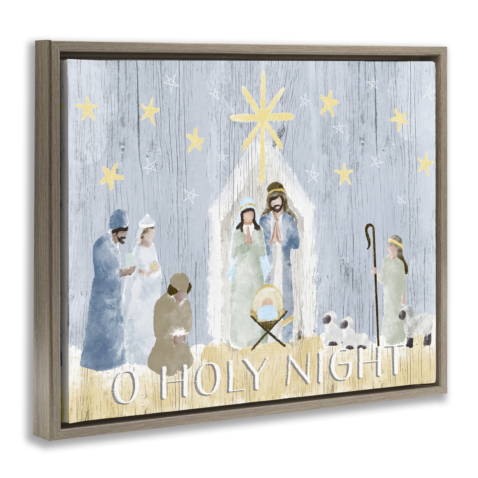 Stupell Industries Nativity Barn Stable Scene Religious Painting Brown Floater Framed Canvas Art Print Wall Art, 21 x 17