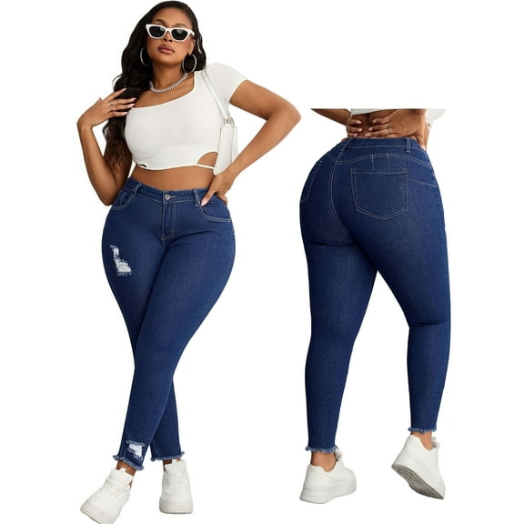 Womens Plus Size Skinny Jeans Stretchy High Waisted Ankle Jean Ripped Slim Fit Washed Denim Distressed Tight Jean