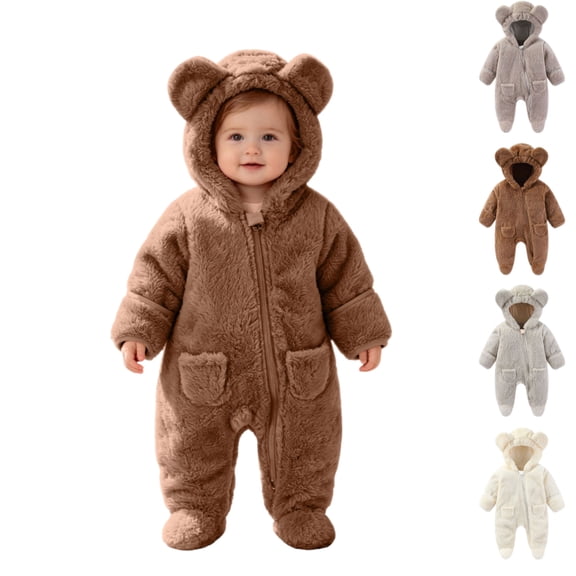 dazeni Newborn Baby Jumpsuit Cute Plush Fuzzy Bear Outfit with Hood Zip up Long Sleeve Fleece Rompers Wintrer Warm Onesie Outwear Brown 6 Months