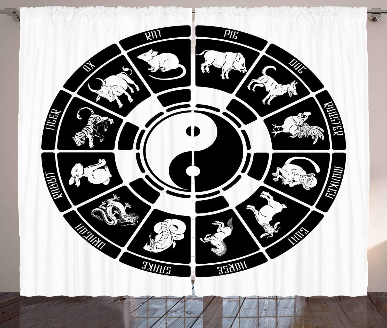 Zodiac Curtains 2 Panels Set Chinese Horoscope Wheel With Animal