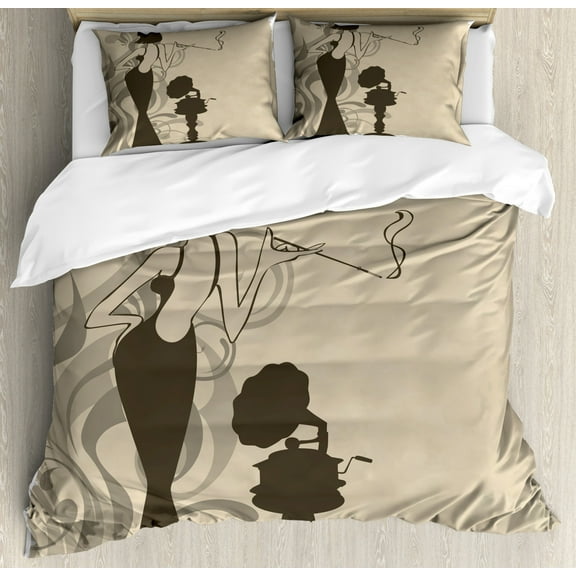 Vintage Woman King Size Duvet Cover Set, Retro Girl Posing with Cigarette with Old Nostalgic Gramophone Background, Decorative 3 Piece Bedding Set with 2 Pillow Shams, Tan and Taupe, by Ambesonne