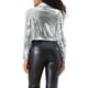 thumbnail image 3 of CHAQUETA DE LENTEJUELAS INSPIRE CHIC PARA MUJER, CHAQUETA DE FIESTA CON SOLAPA, ABIERTO EN FRONTAL, BLAZER CORTO BRILLANTE, TAMAÑO XS, PLATA, 3 of 6