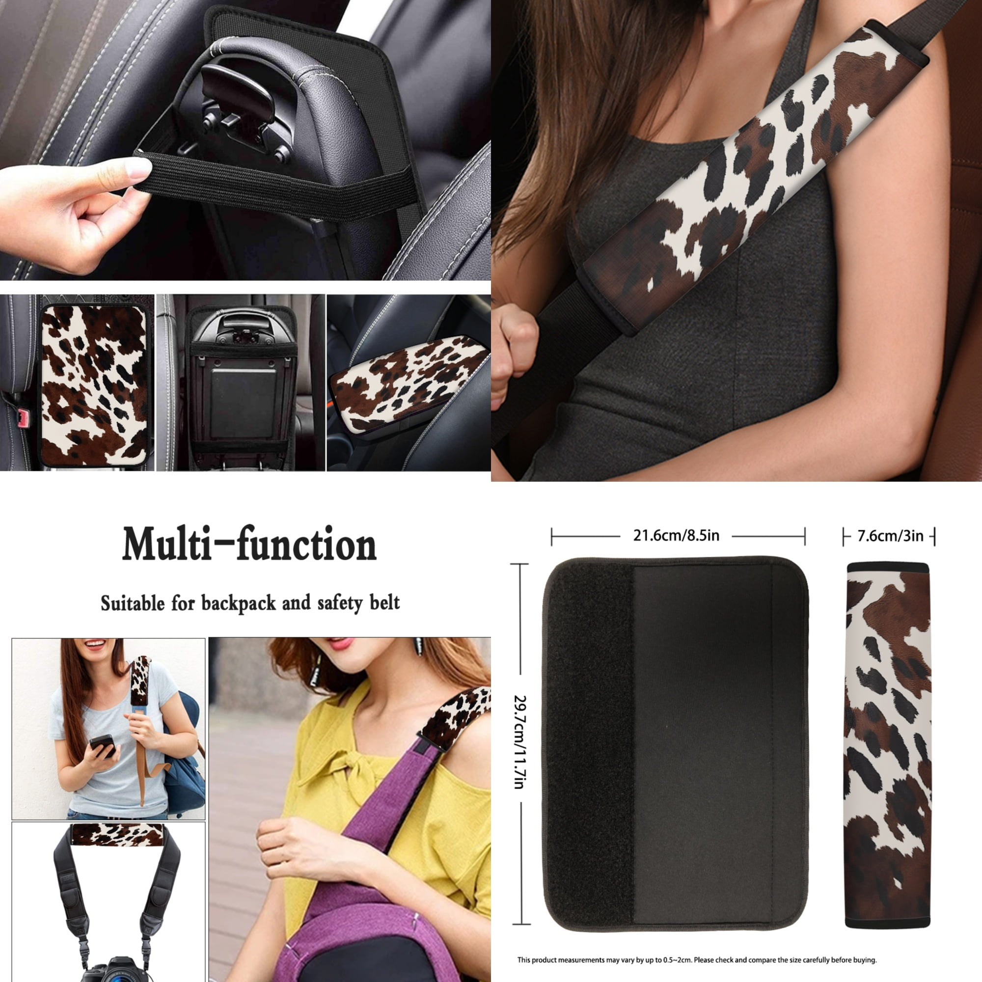 Jeiento Brown Cow Print 13 PCS Car Seat Cover Full Set with Auto Steering Wheel Cover Seat Belt Strap Pads Cup Coasters Armrest Pad Keychains Chapstick Holder Universal Fit Easy Install