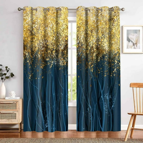 Navy Blue Gold Tree Blackout Curtain Abstract Art Metallic Leaf Window Drapes Room Darkening Insulation Suitable For Bedroom Living Room Dorm Room Plaid Window Treatments 38"W x 45"L (Pack of 2)