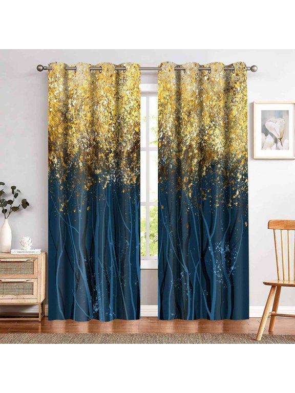 Navy Blue Gold Tree Blackout Curtain Abstract Art Metallic Leaf Window Drapes Room Darkening Insulation Suitable For Bedroom Living Room Dorm Room Plaid Window Treatments 38"W x 45"L (Pack of 2)