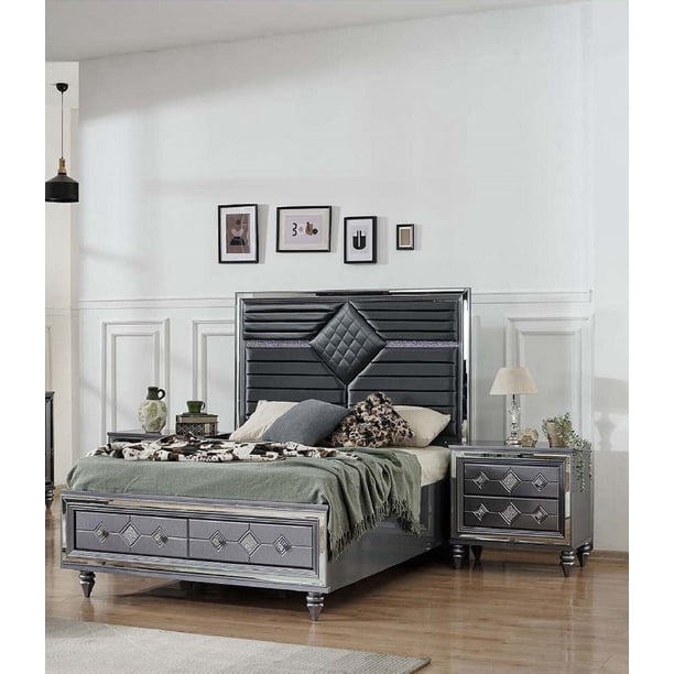 3pc Luxury Dark Gray Queen Bed w/LED Headboard Nightstand Bedroom Set ...