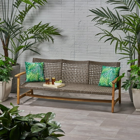 75.25" Outdoor Wood Sofa, Modern 3-Seater Wicker Sofa Seat with Iron Seat Frame, Lounge Sleeper Sofa Bed for Patio, Backyard, Garden, Natural